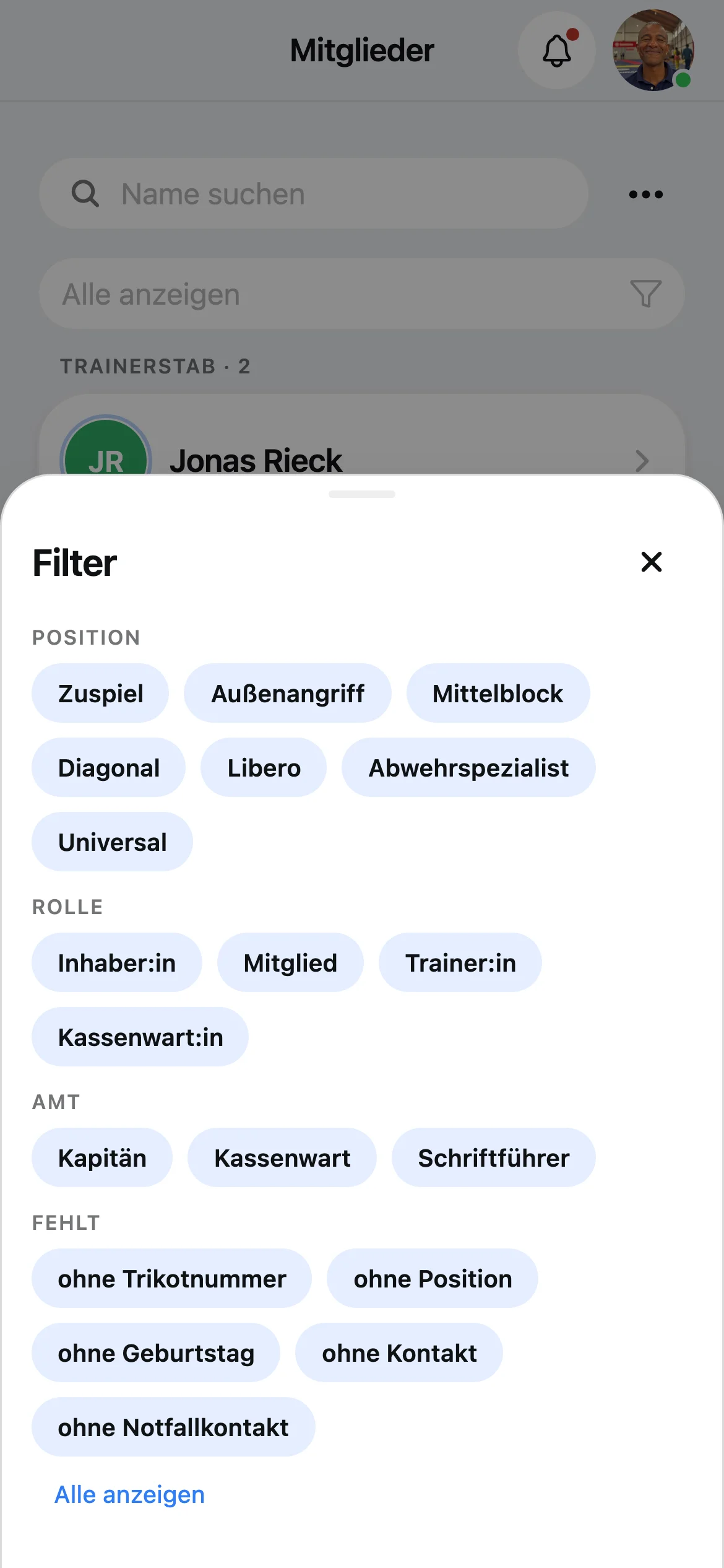 Squova auf dem Handy: Filtern des Kaders nach der Position Mittelblock