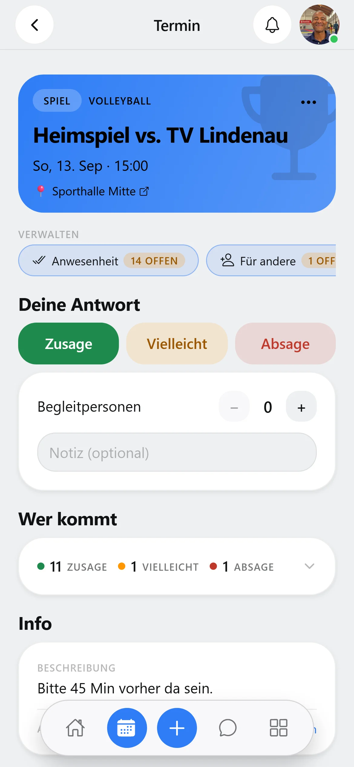 Squova: die Anwesenheit eines Termins wird geöffnet und erfasst