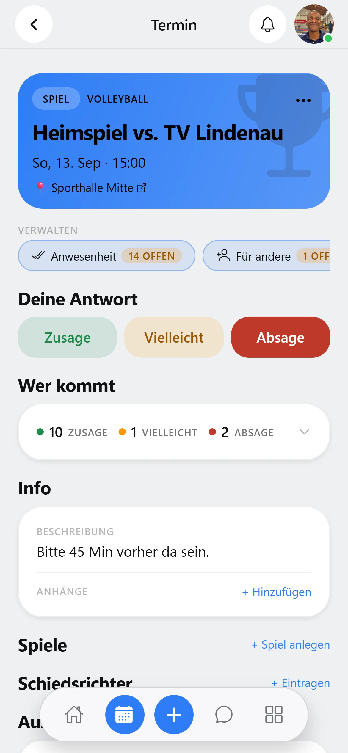 Squova auf dem Handy: eine Zusage wird mit einem Tipp gesetzt, der Zähler springt mit