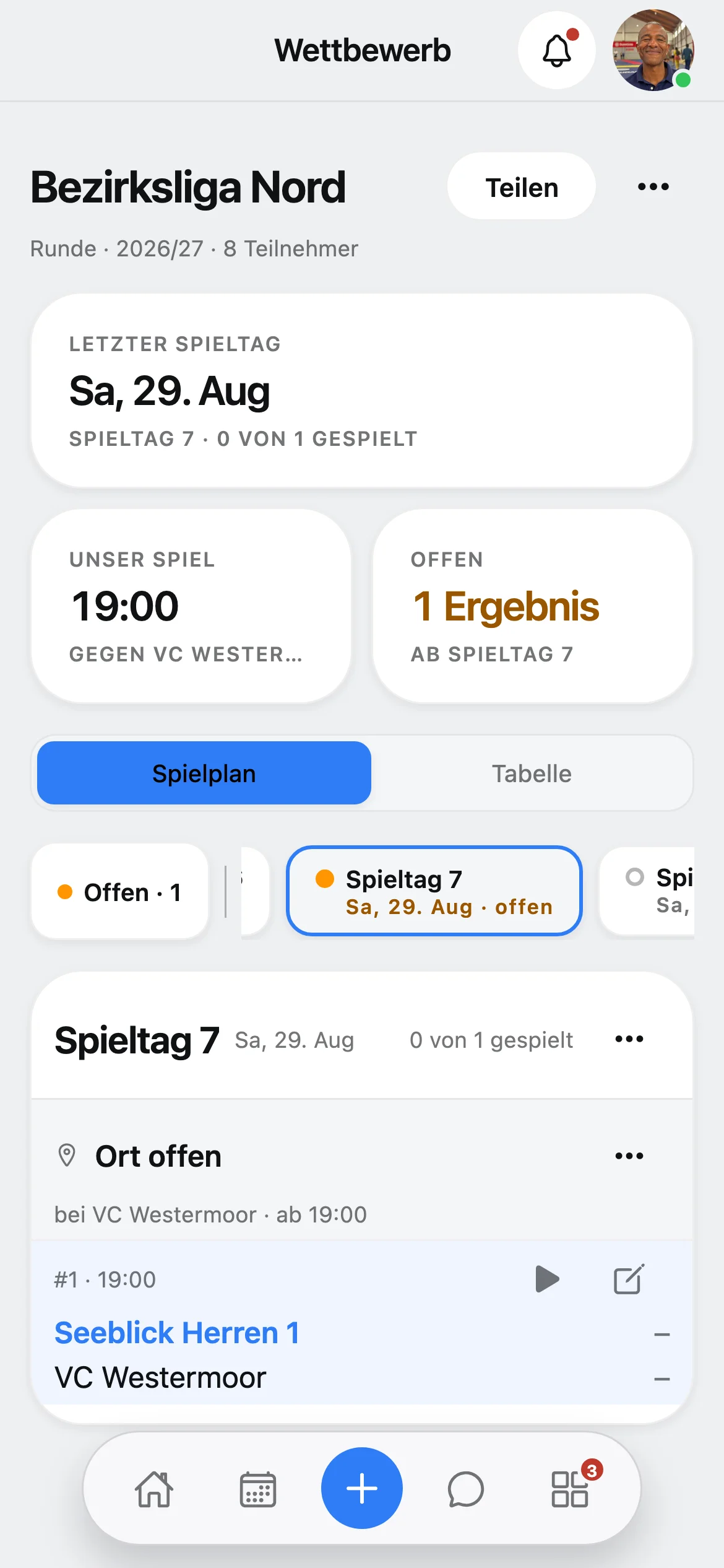Squova: Umschalten vom Spielplan auf die Tabelle mit Satzbilanz, Quotient und Punkten