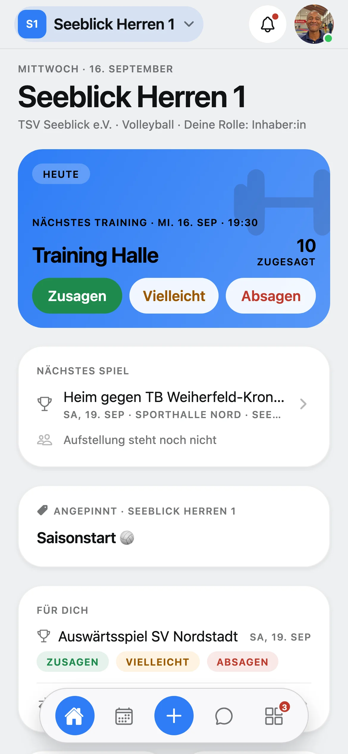 Der Startbildschirm von Squova auf dem Telefon: Seeblick Herren 1, das nächste Training mit neun Zusagen, darunter das nächste Spiel.