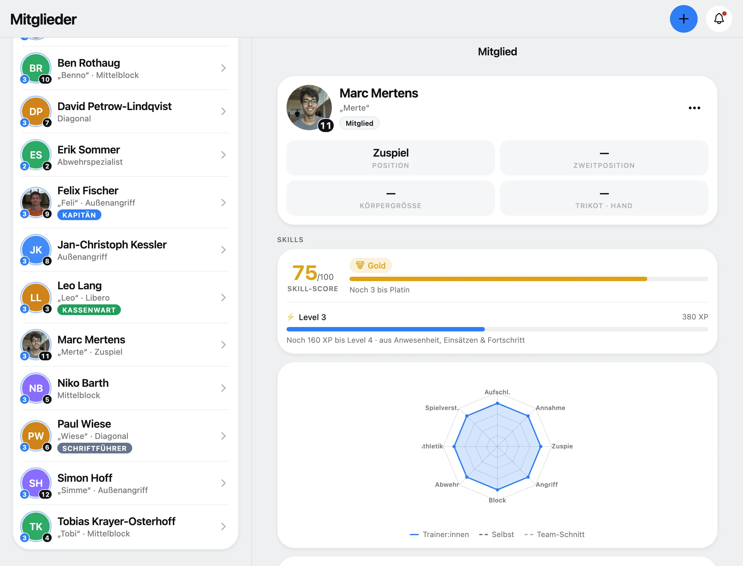 Mitglieder-Profil in Squova mit Skill-Radar, Score und verliehenen Abzeichen