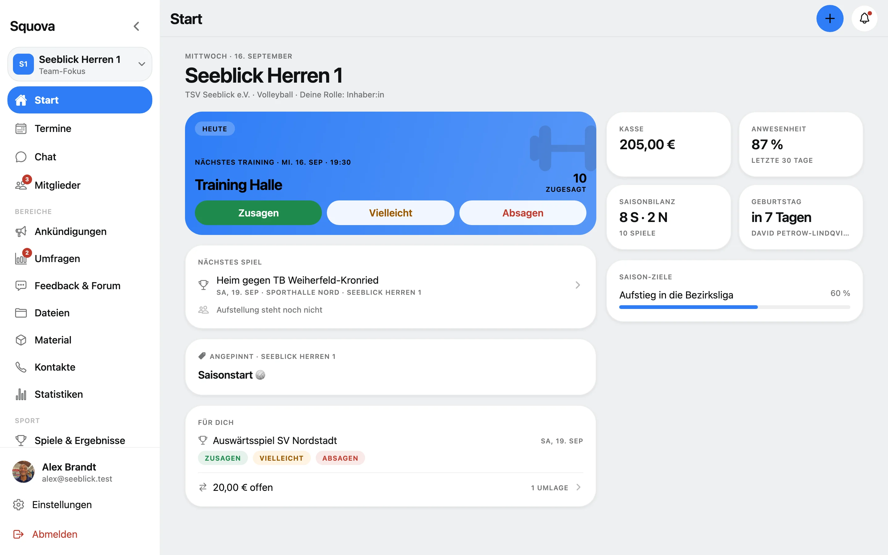 Squova im Browser: dieselbe Terminliste mit voller Seitenleiste.