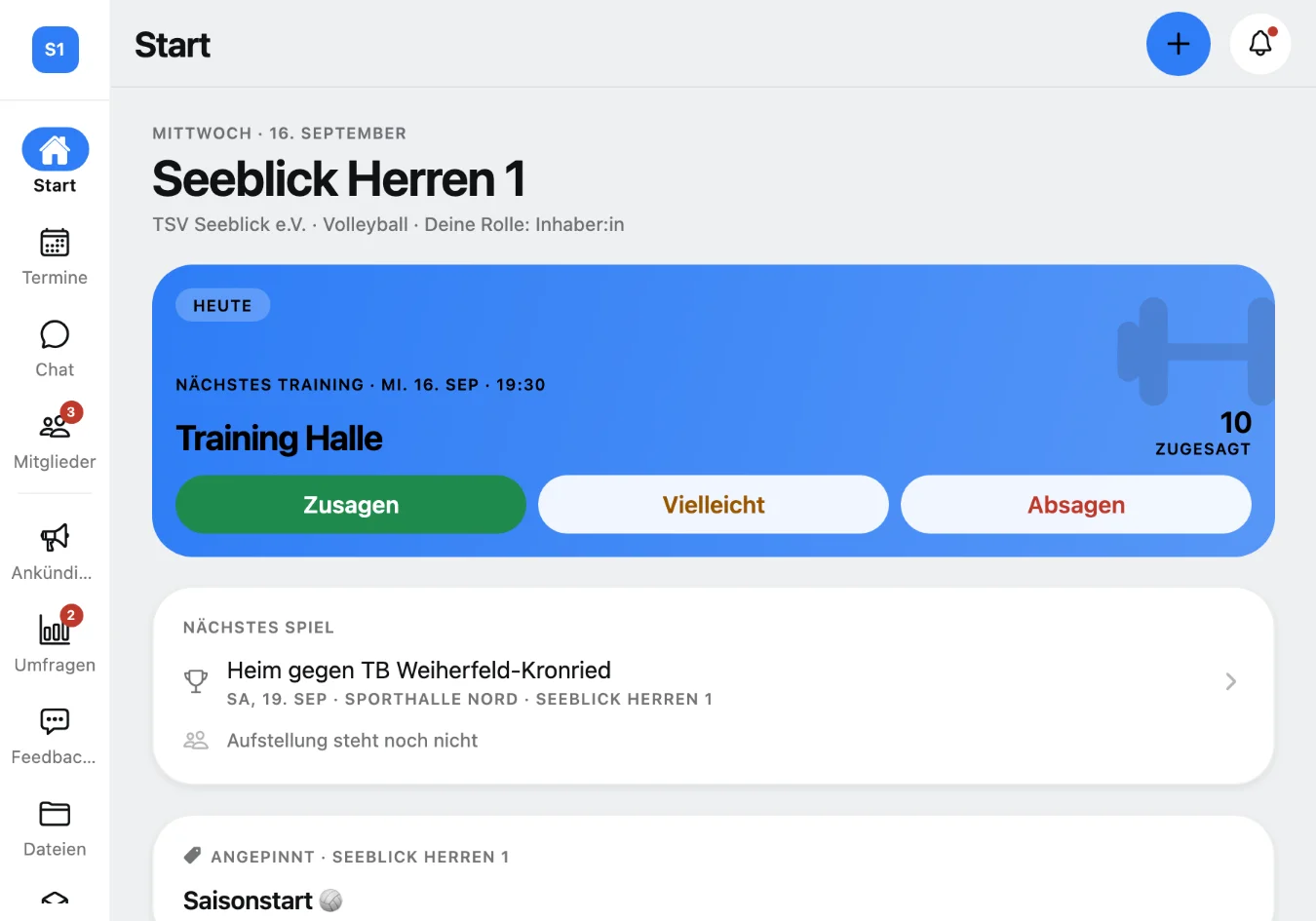 Squova auf dem Tablet: die Terminliste mit Training und Heimspiel.