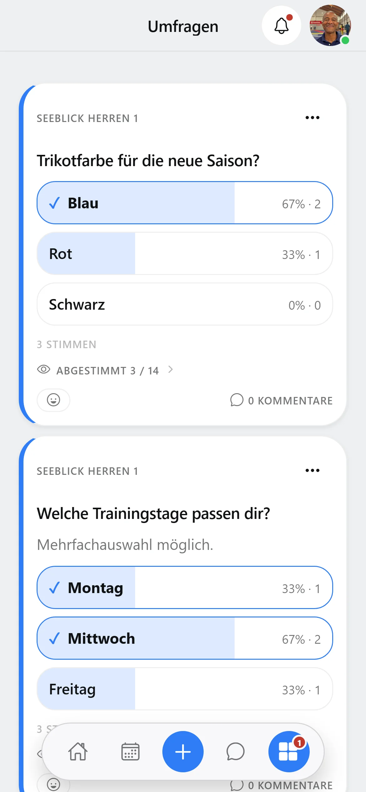 Umfragen-Liste in Squova auf dem Handy mit laufender Abstimmung und Ergebnisbalken