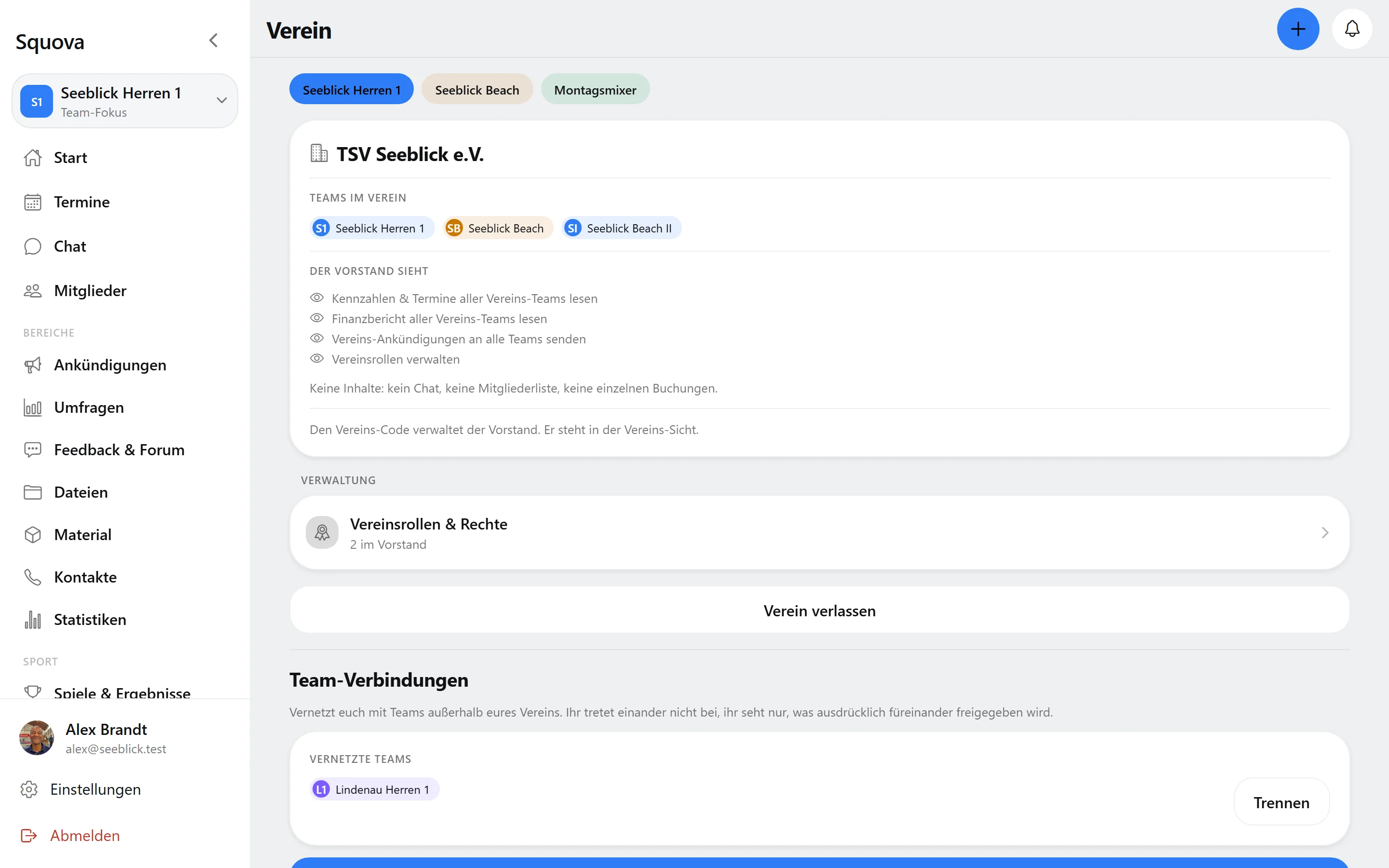 Verein und Team-Verbindungen in Squova: Teams im Verein, Vereins-Code und vernetzte Teams