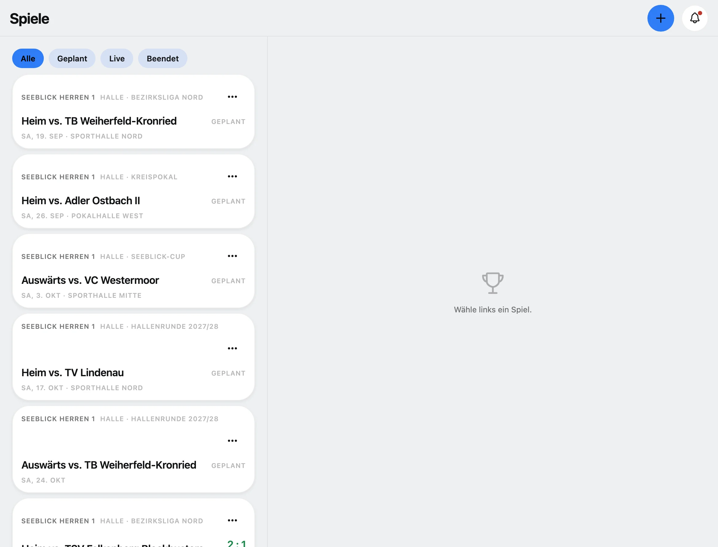 Spiele-Liste in Squova mit Ergebnissen aus eigener Sicht, Filter für geplant, live und beendet