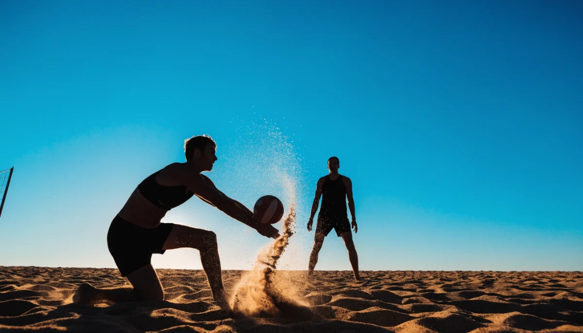 Beachvolleyball im Gegenlicht, eine Spielerin baggert den Ball.
